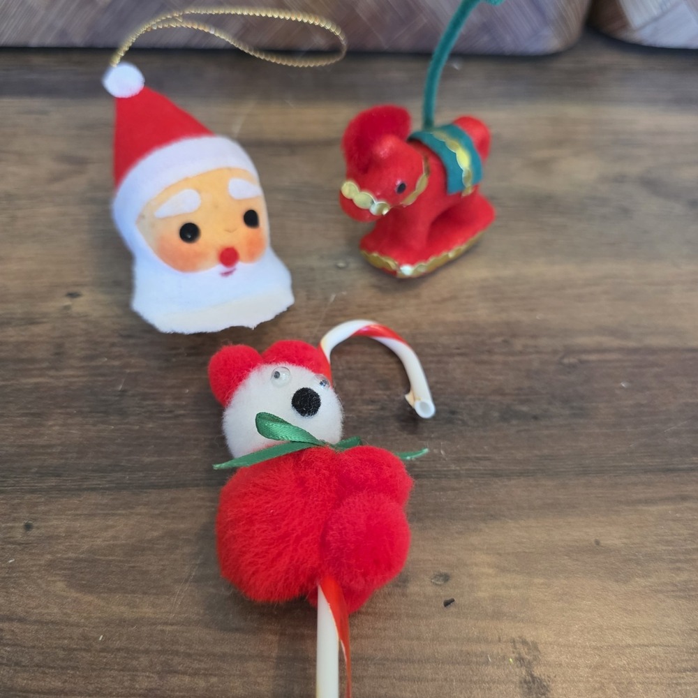 Christmas Ornaments Felt Cloth Foam Pom-Poms Santa Bear Horse Handmade Vintage